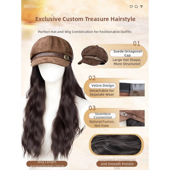 Parukos su skrybėle moterims, beretės stiliaus, vandens bangų garbanos, be kirpimo, aukštos temperatūros viela, mechaninis gamybos būdas, suteikia plaukų apimtį