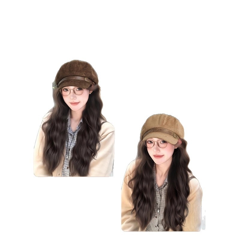 Parukos su skrybėle moterims, beretės stiliaus, vandens bangų garbanos, be kirpimo, aukštos temperatūros viela, mechaninis gamybos būdas, suteikia plaukų apimtį