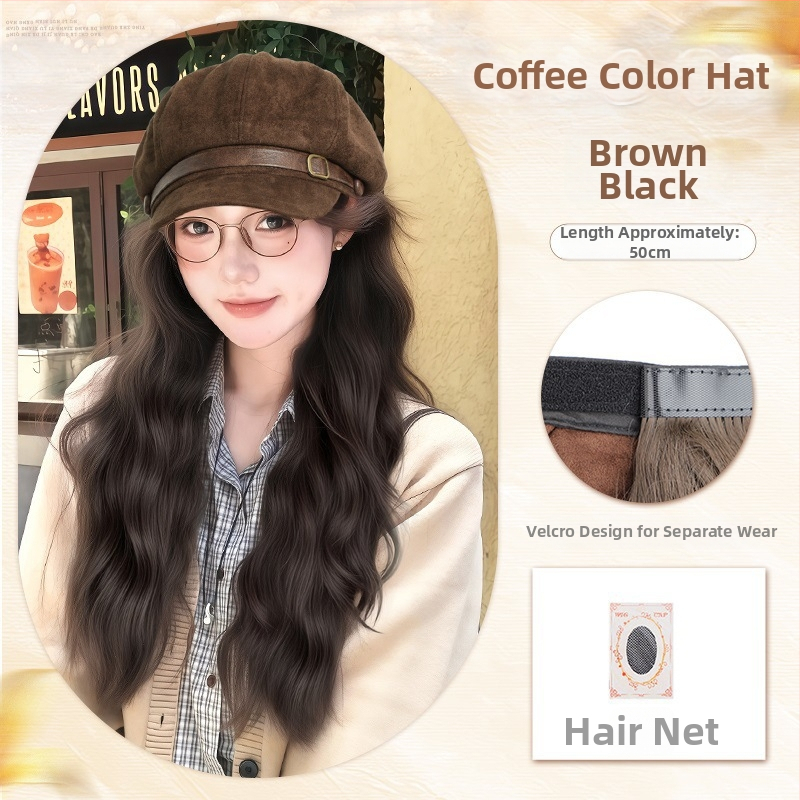 Parukos su skrybėle moterims, beretės stiliaus, vandens bangų garbanos, be kirpimo, aukštos temperatūros viela, mechaninis gamybos būdas, suteikia plaukų apimtį