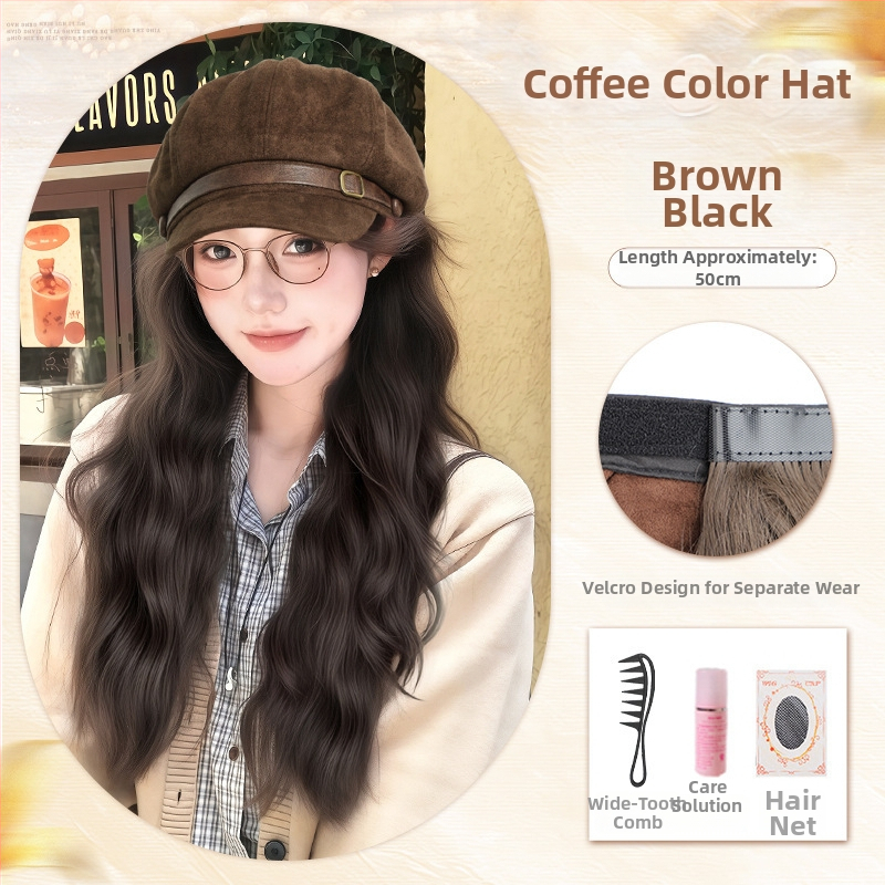 Parukos su skrybėle moterims, beretės stiliaus, vandens bangų garbanos, be kirpimo, aukštos temperatūros viela, mechaninis gamybos būdas, suteikia plaukų apimtį