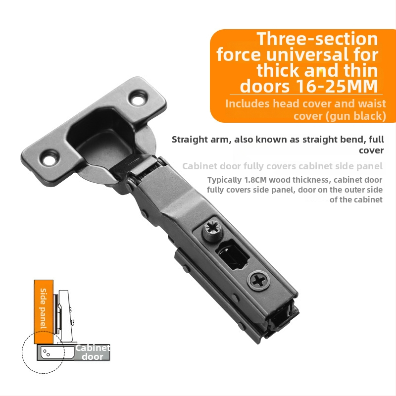 Drabužių spintos durų vyriai su trimis sekcijomis amortizatoriumi, reguliuojamas hidraulinis mechanizmas, modelis CG-T9, šaltai valcuotas plienas, 1 mm storis, elektroplakavimas