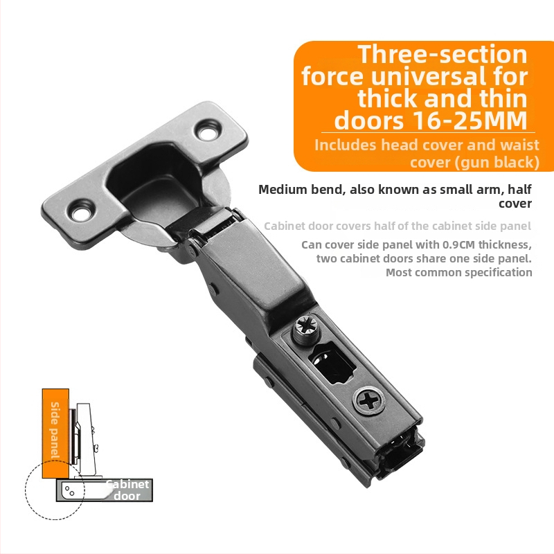 Drabužių spintos durų vyriai su trimis sekcijomis amortizatoriumi, reguliuojamas hidraulinis mechanizmas, modelis CG-T9, šaltai valcuotas plienas, 1 mm storis, elektroplakavimas