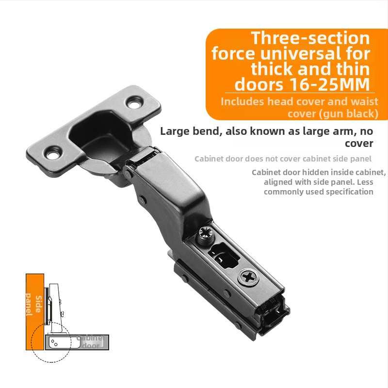 Drabužių spintos durų vyriai su trimis sekcijomis amortizatoriumi, reguliuojamas hidraulinis mechanizmas, modelis CG-T9, šaltai valcuotas plienas, 1 mm storis, elektroplakavimas