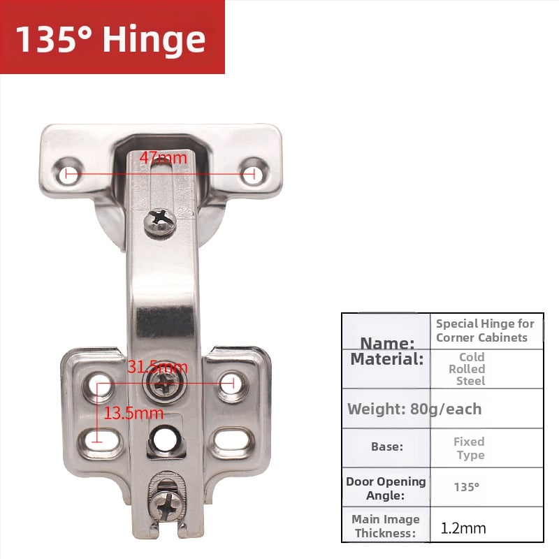 Spintelės durų vyris, 135° kampas, šaltai valcuotas plienas, didelis kampas, elektroplatinė danga, tylus uždarymas