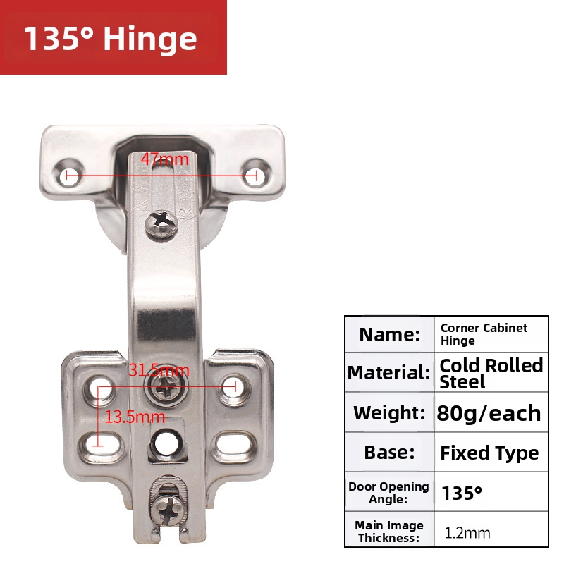 Spintelės durų vyris, 135° kampas, šaltai valcuotas plienas, didelis kampas, elektroplatinė danga, tylus uždarymas