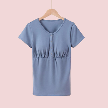 Raseduse ja imetamise pluus ees nupudega, puuvillane, lühikeste varrukatega, vaba lõige, keskmise pikkusega