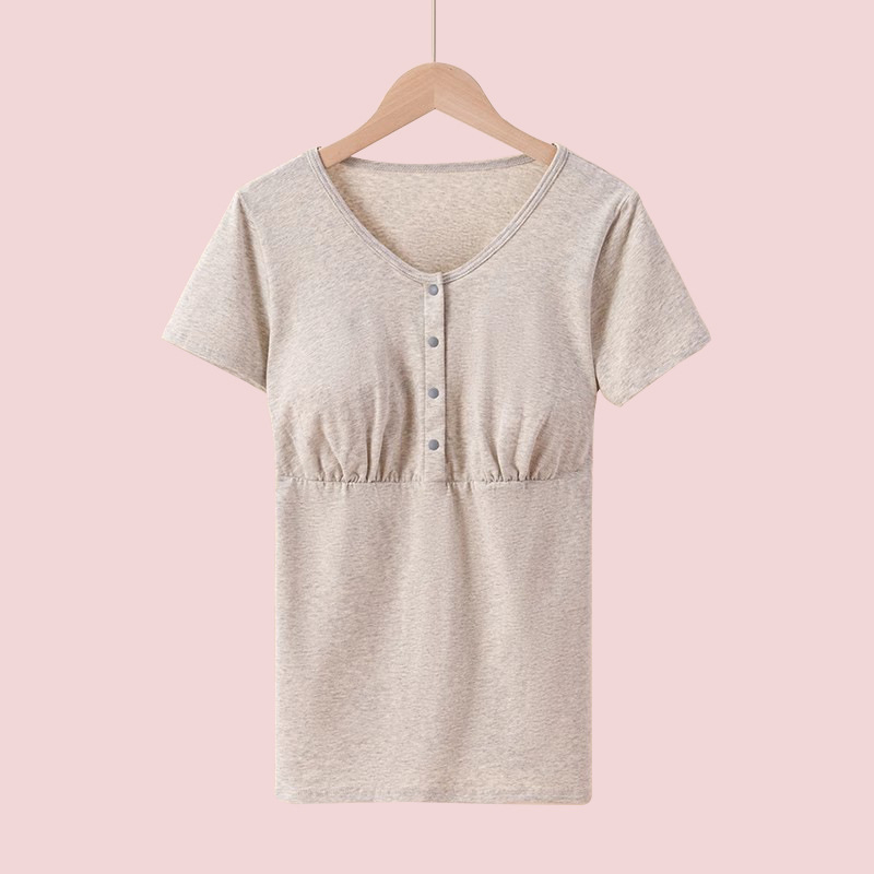 Raseduse ja imetamise pluus ees nupudega, puuvillane, lühikeste varrukatega, vaba lõige, keskmise pikkusega