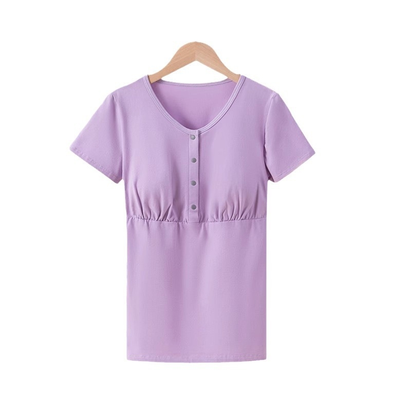 Raseduse ja imetamise pluus ees nupudega, puuvillane, lühikeste varrukatega, vaba lõige, keskmise pikkusega