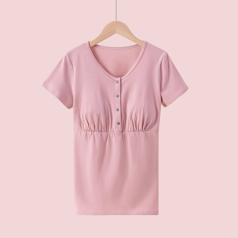 Raseduse ja imetamise pluus ees nupudega, puuvillane, lühikeste varrukatega, vaba lõige, keskmise pikkusega