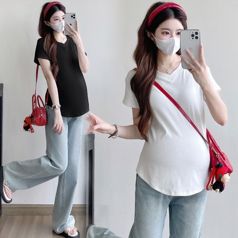 Rasedate T-särk - 95% puuvillast, lühikesed varrukad, V-kaelus, vaba lõige, katab kõhtu