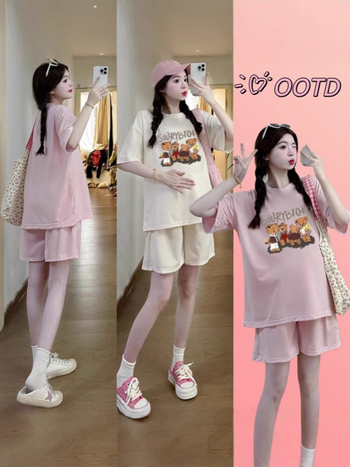 Nėščiųjų dviejų dalių vasaros komplektas: šortai ir topas, anime spaudas, 3/4 rankovės, poliesterio-elastano mišinio