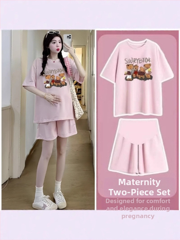 Nėščiųjų dviejų dalių vasaros komplektas: šortai ir topas, anime spaudas, 3/4 rankovės, poliesterio-elastano mišinio