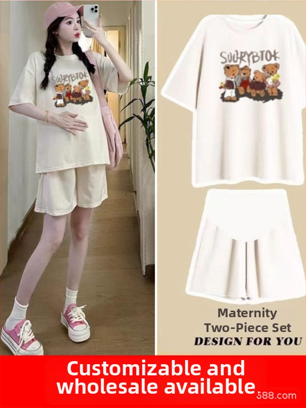 Nėščiųjų dviejų dalių vasaros komplektas: šortai ir topas, anime spaudas, 3/4 rankovės, poliesterio-elastano mišinio