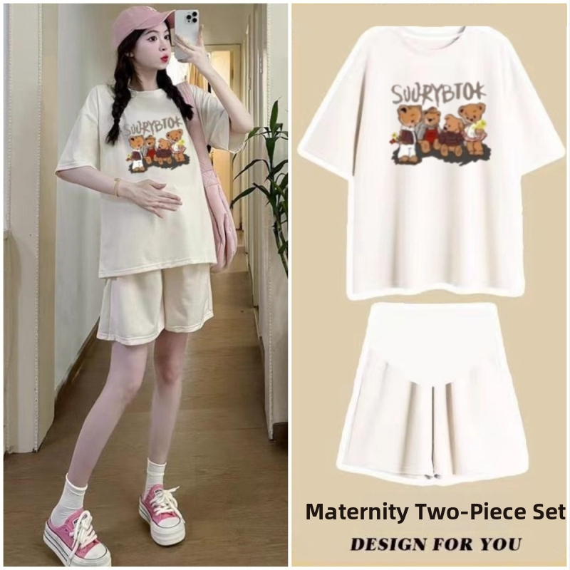 Nėščiųjų dviejų dalių vasaros komplektas: šortai ir topas, anime spaudas, 3/4 rankovės, poliesterio-elastano mišinio