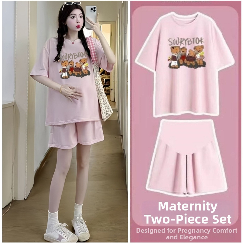 Nėščiųjų dviejų dalių vasaros komplektas: šortai ir topas, anime spaudas, 3/4 rankovės, poliesterio-elastano mišinio