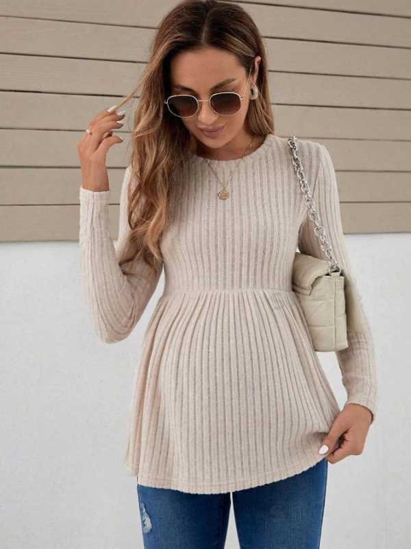 Rasedatele mõeldud pikalt varrukaga top, ümmarguse kaelusega, smocked vöökoht, polüester-elastaansegu, keskmine pikkus