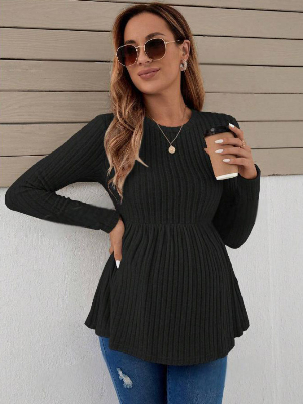 Rasedatele mõeldud pikalt varrukaga top, ümmarguse kaelusega, smocked vöökoht, polüester-elastaansegu, keskmine pikkus