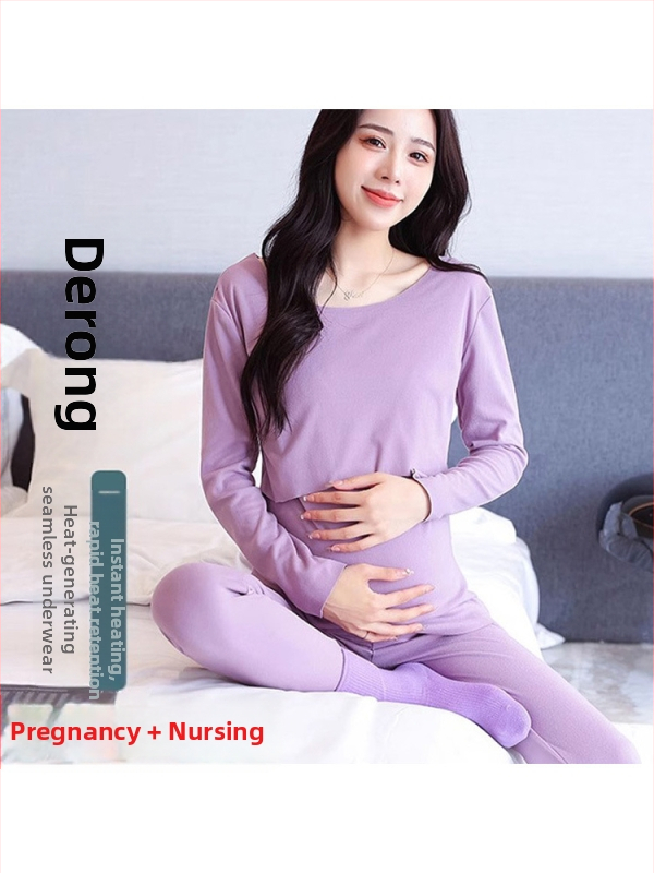 Tehotenský termálny set na doma – De Rong látka, jesenné/zimné, dlhý rukáv, otvor na dojčenie, 90–95% polyester, až 30% spandex