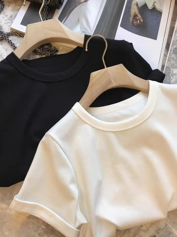 Tricou din bumbac-elastan, culoare solidă, guler rotund, mâneci scurte, croială lejeră