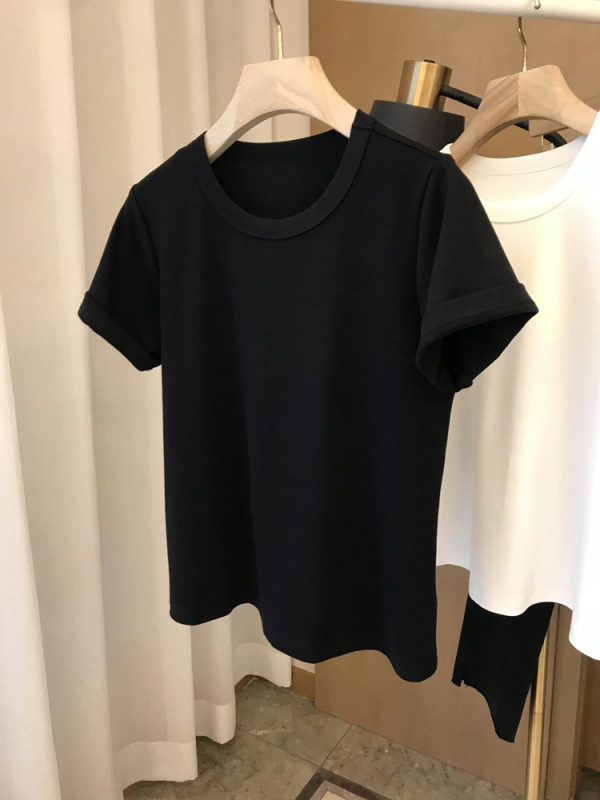 Tricou din bumbac-elastan, culoare solidă, guler rotund, mâneci scurte, croială lejeră