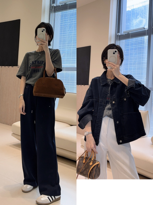 Tricou lejer din amestec bumbac-poliester, mâneci scurte, guler rotund, textură catifelată și litere brodate, stil japonez-coreean casual