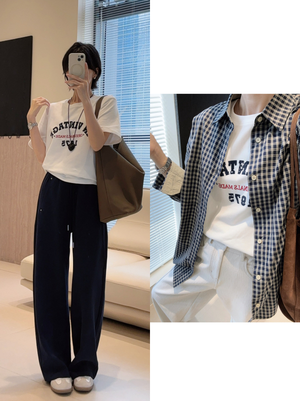 Tricou lejer din amestec bumbac-poliester, mâneci scurte, guler rotund, textură catifelată și litere brodate, stil japonez-coreean casual