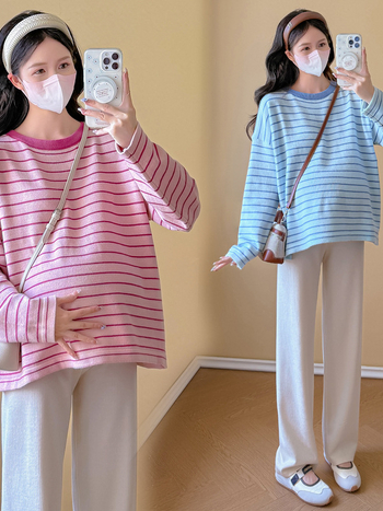 Tricou de mămică cu mânecă lungă în dungi, croială lejeră, guler rotund, material viscose, lungime standardă (50–65 cm)