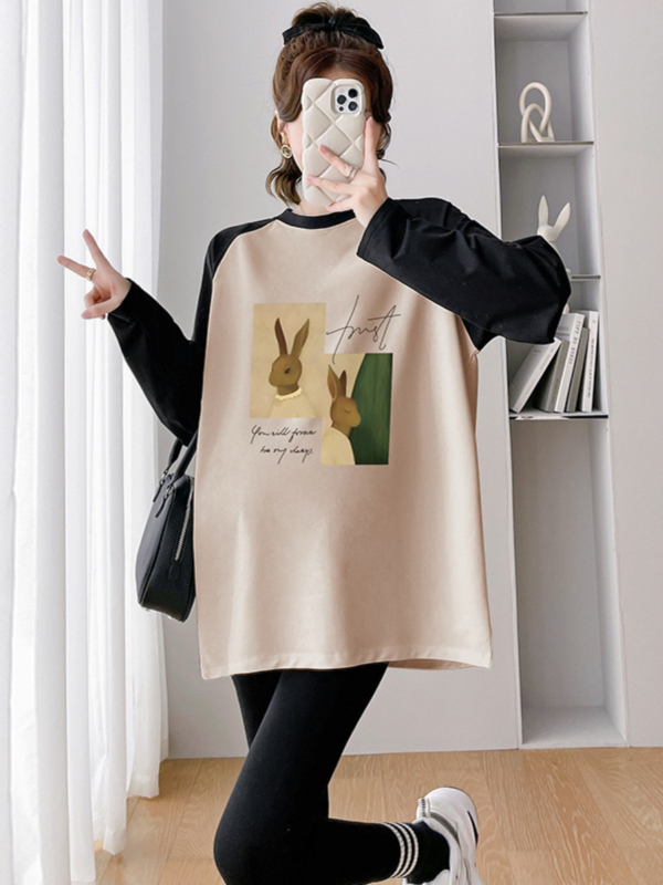 Rasedate sügisene top, vaba lõige, ringkaelaga, pikkade varrukatega, puuvilla-poliesteri segu