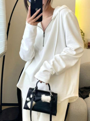 Nėščiųjų rudens ilgom rankovėm viršūnė — laisvas kirpimas su gobtuvu, medvilnės-poliesterio mišinys, be apykaklės, vienodas kasdienis stilius moterims (rudenį 2025)