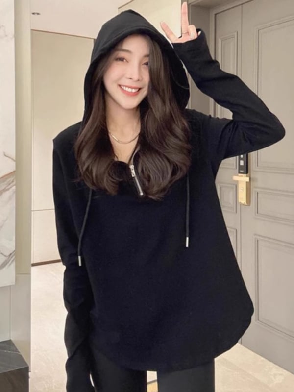 Nėščiųjų rudens ilgom rankovėm viršūnė — laisvas kirpimas su gobtuvu, medvilnės-poliesterio mišinys, be apykaklės, vienodas kasdienis stilius moterims (rudenį 2025)