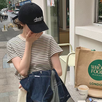 Pamučna majica s prugama, kratki rukavi, okrugli izrez, ravni kroj, gradski stil za proljeće i ljeto