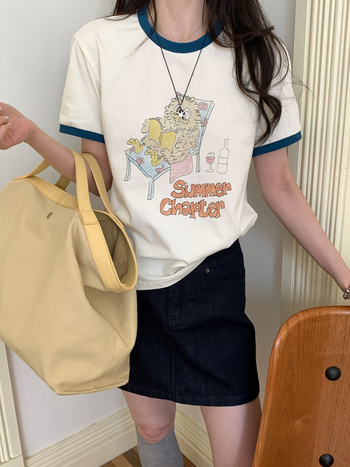 Puuvillane naiste T-särk loomamustriga, ümmarguse kaelusega, lühikeste varrukatega, Korea stiil