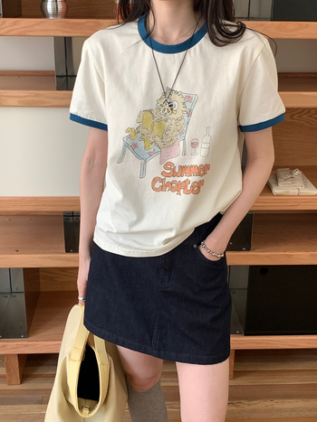 Puuvillane naiste T-särk loomamustriga, ümmarguse kaelusega, lühikeste varrukatega, Korea stiil