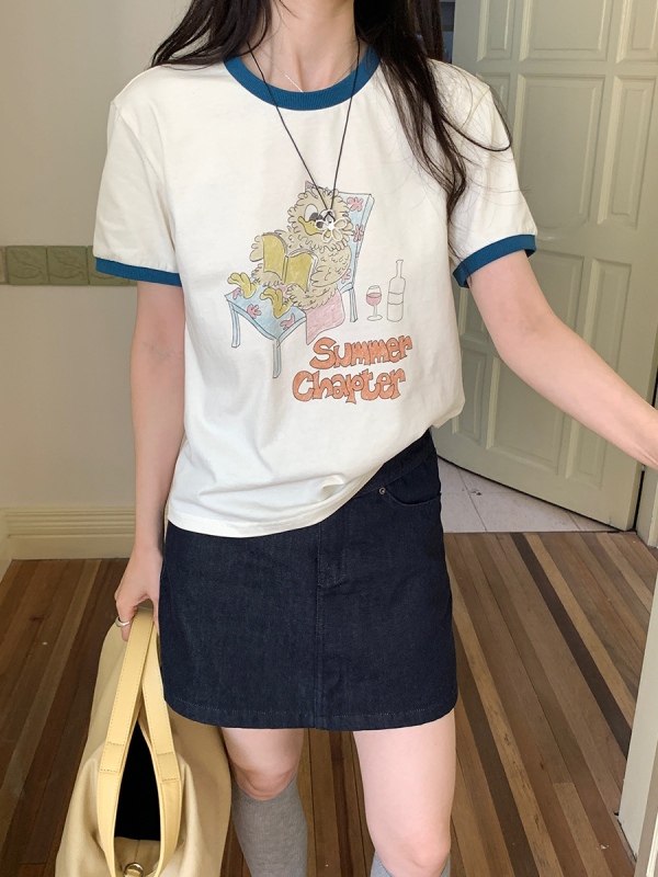 Puuvillane naiste T-särk loomamustriga, ümmarguse kaelusega, lühikeste varrukatega, Korea stiil