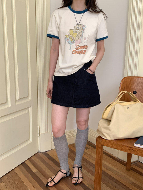 Puuvillane naiste T-särk loomamustriga, ümmarguse kaelusega, lühikeste varrukatega, Korea stiil