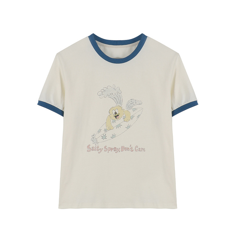 Puuvillane naiste T-särk loomamustriga, ümmarguse kaelusega, lühikeste varrukatega, Korea stiil