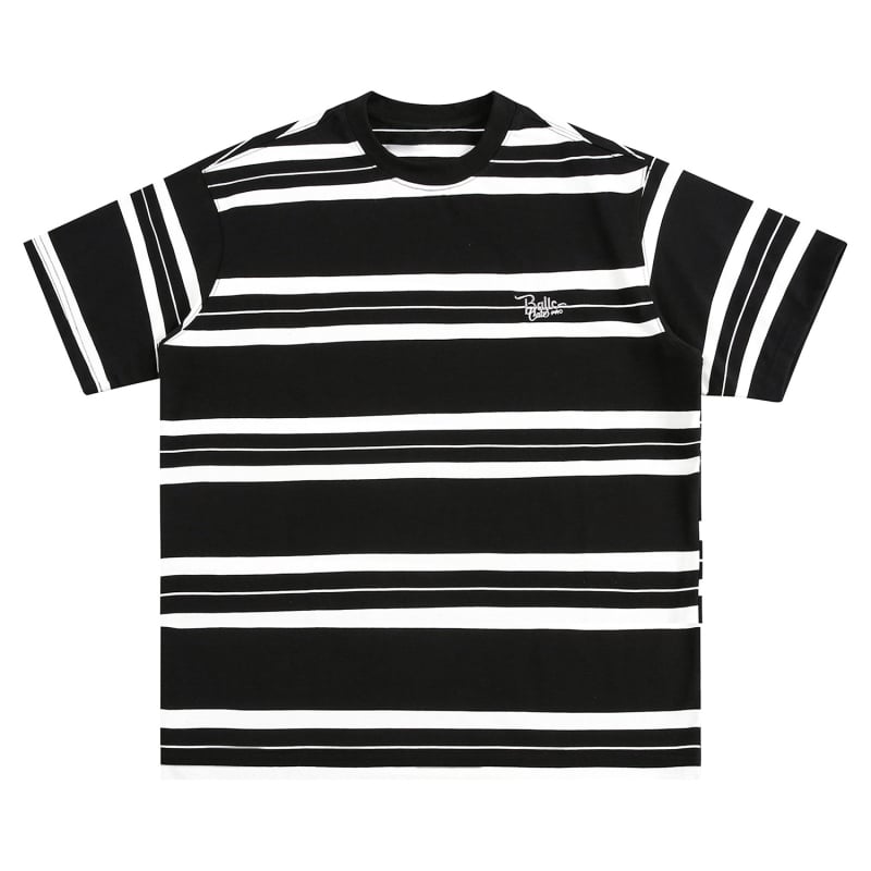 Női japán stílusú póló hímzett csíkokkal, rövid ujjú, kerek nyakú, kontrasztos varrással, lezser mindennapi viselet