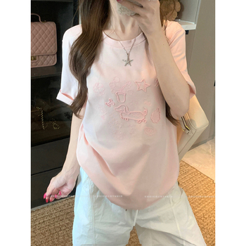 Naise puuvillane T-särk tähedega kirjaga, ring-kaelus, lühikesed varrukad, vabalt lõikega, keskmine pikkus, puuvill-elastaan segu, suvi 2025