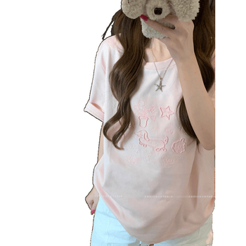 Naise puuvillane T-särk tähedega kirjaga, ring-kaelus, lühikesed varrukad, vabalt lõikega, keskmine pikkus, puuvill-elastaan segu, suvi 2025