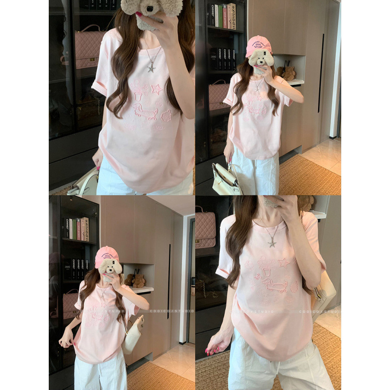 Naise puuvillane T-särk tähedega kirjaga, ring-kaelus, lühikesed varrukad, vabalt lõikega, keskmine pikkus, puuvill-elastaan segu, suvi 2025