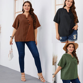 Ženska prugasta poliesterska majica kratkih rukava, V-izrez, labav kroj