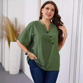 Ženska prugasta poliesterska majica kratkih rukava, V-izrez, labav kroj