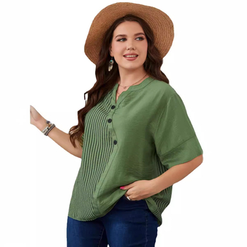 Ženska prugasta poliesterska majica kratkih rukava, V-izrez, labav kroj