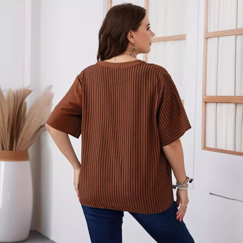 Ženska prugasta poliesterska majica kratkih rukava, V-izrez, labav kroj