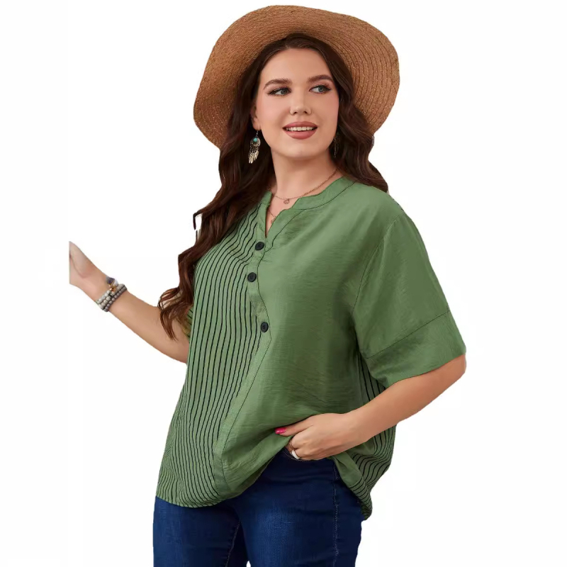 Ženska prugasta poliesterska majica kratkih rukava, V-izrez, labav kroj