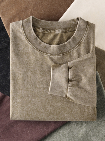 Retro medvilnės marškinėliai laisvos apdailos, ilgos raglano rankovės, apvali kakla, 230 g medvilnė, 96%+ medvilnė