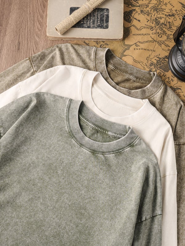 Retro medvilnės marškinėliai laisvos apdailos, ilgos raglano rankovės, apvali kakla, 230 g medvilnė, 96%+ medvilnė