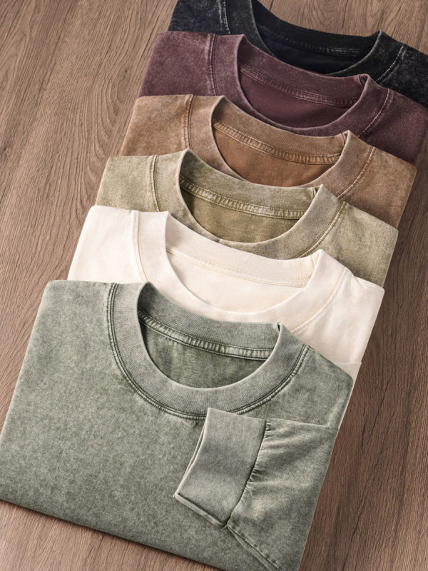 Retro medvilnės marškinėliai laisvos apdailos, ilgos raglano rankovės, apvali kakla, 230 g medvilnė, 96%+ medvilnė