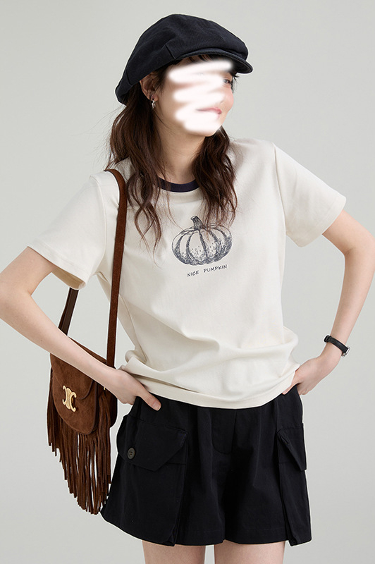 Majica s tikva printom, pamuk-elastan tkanina, okrugli izrez, kratki rukavi, ležerni ljetni top