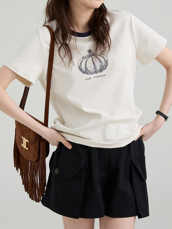 Majica s tikva printom, pamuk-elastan tkanina, okrugli izrez, kratki rukavi, ležerni ljetni top